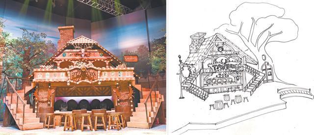 The village tavern owned by Gaston, the primary antagonist, sports antlers to signify his love for hunting as seen in the original sketch. (Photo: Aalok Soni/HT; Illustration courtesy: Varsha Jain )