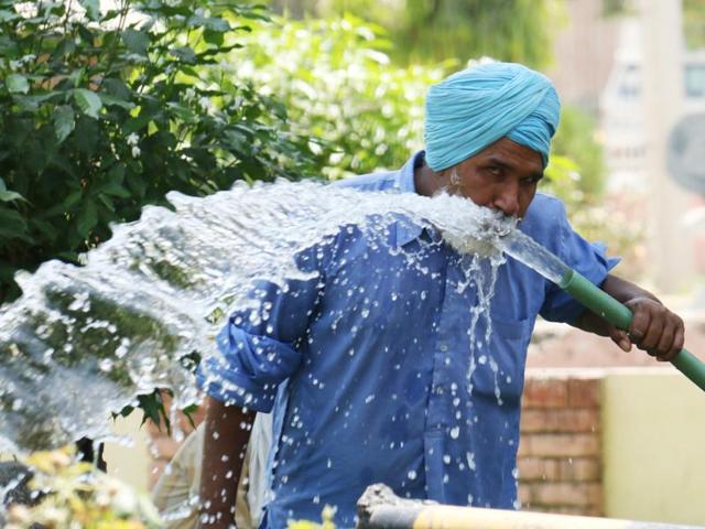 A man drinks straight from a gushing water hose in Bathinda on Wednesday. (Sanjeev Kumar/HT Photo) A man drinks straight from a gushing water hose in Bathinda on Wednesday. (Sanjeev Kumar/HT Photo)