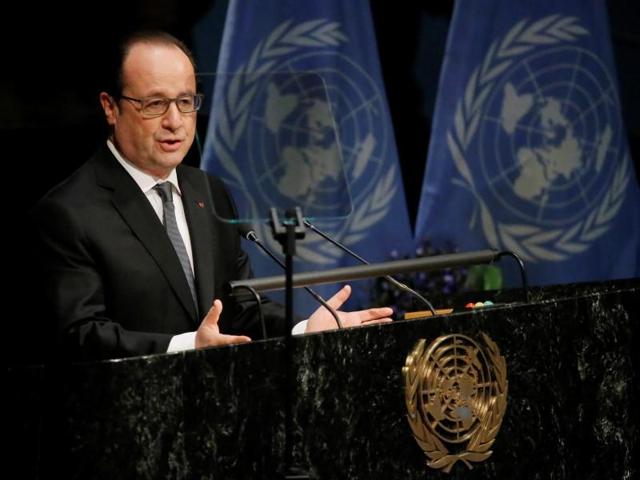 French President Francois Hollande speaks during the opening ceremony of the Paris Agreement signing ceremony on climate change at the United Nations headquarters in Manhattan, New York.(Reuters File Photo)