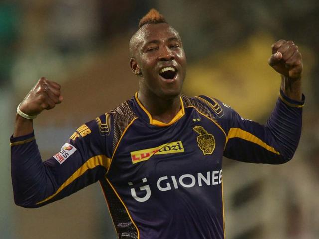 Kolkata Knight Riders Andre Russell celebrates after the dismissal of Kings XI Punjab Marcus Stoinis. (AFP Photo) Kolkata Knight Riders Andre Russell celebrates after the dismissal of Kings XI Punjab Marcus Stoinis. (AFP Photo)