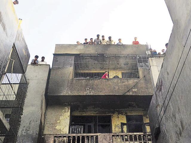 Blast in a kitchen cylinder caused the fire. It took two fire tenders over two hours to extinguish the flames. (HT Photo) Blast in a kitchen cylinder caused the fire. It took two fire tenders over two hours to extinguish the flames. (HT Photo)