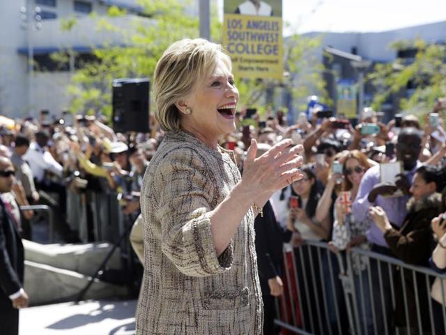 Democratic presidential candidate Hillary Clinton speaks to people in the overflow area during a campaign event at Los Angeles Southwest College in Los Angeles. (AP File Photo) Democratic presidential candidate Hillary Clinton speaks to people in the overflow area during a campaign event at Los Angeles Southwest College in Los Angeles. (AP File Photo)