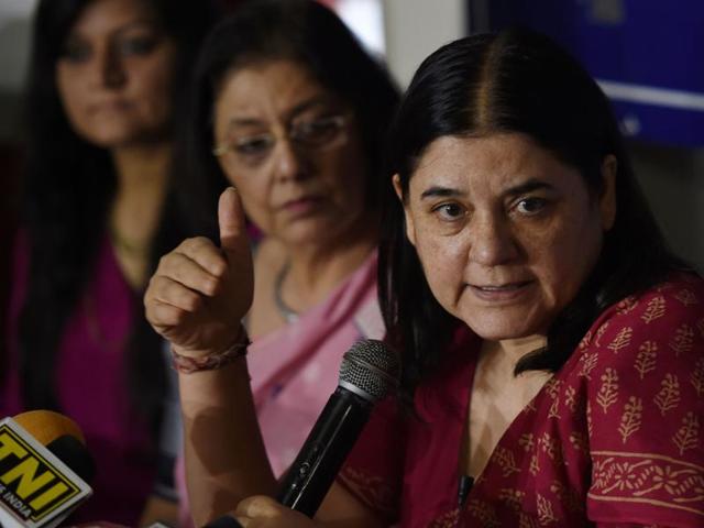 Indian union cabinet minister for women and child development Maneka Gandhi (C) speaks during a press conference in New Delhi on May 17, 2016.(AFP)
