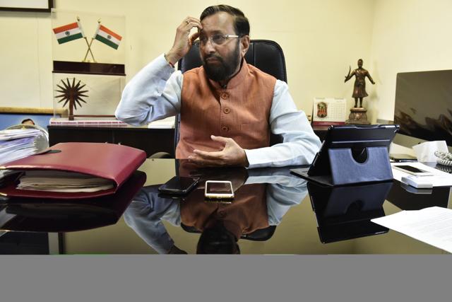 Minister of Environment, Prakash Javadekar, at his residence in Kushak Road, New Delhi on Tuesday.(Saumya Khandelwal/HT Photo)