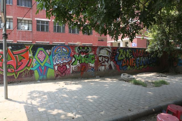The boundary wall of Institute of Home Economics is covered with funky art. (Prabhas Roy/HT)