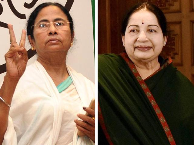 Trinamool’s Mamata Banerjee and AIADMK’s J Jayalalithaa emerged triumphant in the 2016 assembly elections, retaining their CM posts in West Bengal and Tamil Nadu, respectively.(Agencies) Trinamool’s Mamata Banerjee and AIADMK’s J Jayalalithaa emerged triumphant in the 2016 assembly elections, retaining their CM posts in West Bengal and Tamil Nadu, respectively.(Agencies)