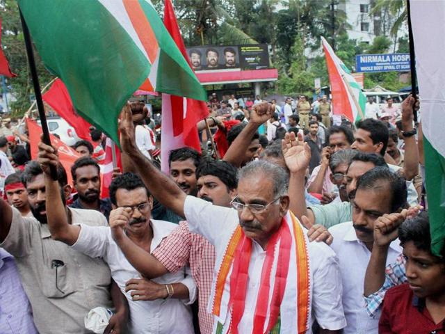 LDF candidate AK Saseendran celebrates his victory in the assembly elections in Kozhikode on Thursday. (PTI) 