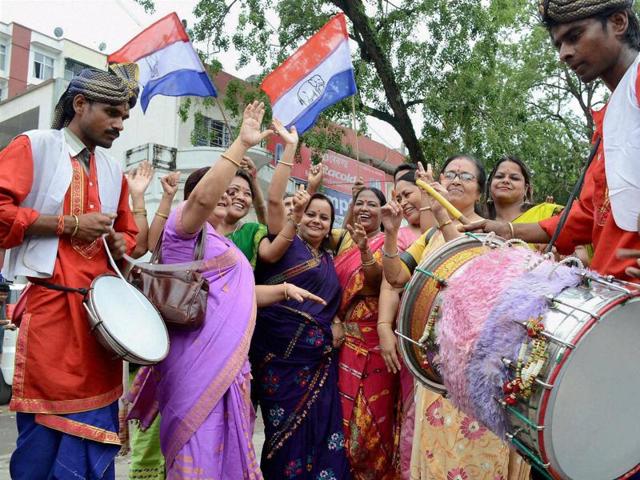AGP workers celebrate their party's win in Assam Assembly election 2016, in Guwahati on Thursday. (PTI)