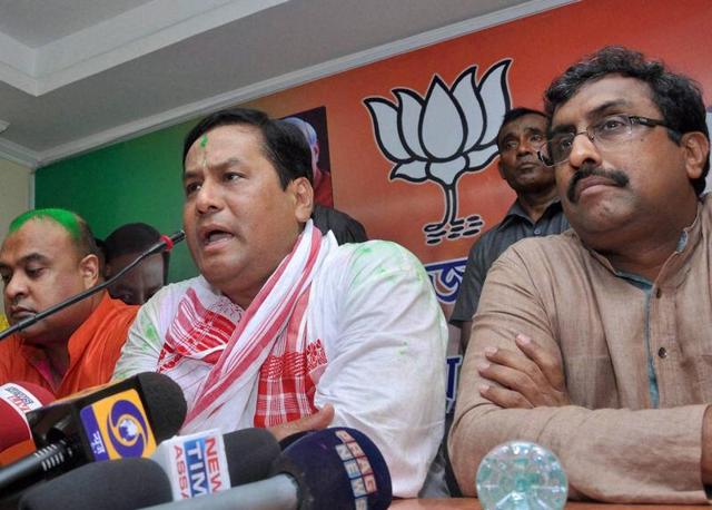 BJP chief ministerial candidate Sarbananda Sonowal (centre), along with senior BJP leaders Ram Madhav (R) and Himanta Biswa Sarma, addresses the media after the party's thumping win in the Assam assembly polls. (PTI) BJP chief ministerial candidate Sarbananda Sonowal (centre), along with senior BJP leaders Ram Madhav (R) and Himanta Biswa Sarma, addresses the media after the party's thumping win in the Assam assembly polls. (PTI)