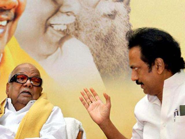 DMK chief M Karunanidhi with his son, MK Stalin.(File photo/ PTI) DMK chief M Karunanidhi with his son, MK Stalin.(File photo/ PTI)