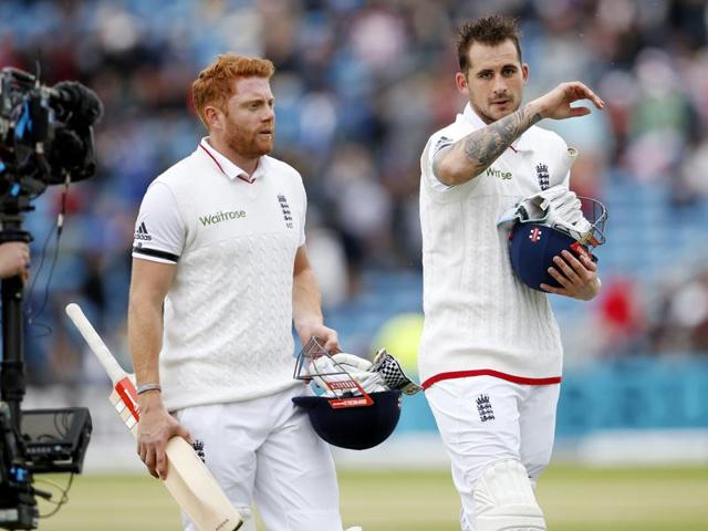 England's Jonny Bairstow, right, celebrates his half century with Alex Hales. (REUTERS) England's Jonny Bairstow, right, celebrates his half century with Alex Hales. (REUTERS)