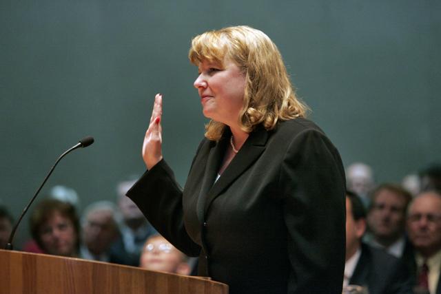 This March 13, 2006 file photo shows Allison Eid being sworn in as chief justice of the Colorado supreme court in Denver. (AP file photo) This March 13, 2006 file photo shows Allison Eid being sworn in as chief justice of the Colorado supreme court in Denver. (AP file photo)