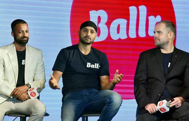 Cricketer Harbhajan Singh with Founder &amp; CEO, Sam Jones (R) and Entrepreneur, Marketer &amp; Senior Executive, Rohan Kumar speaks during launch of Mobile Sporting Apps, BALLR in New Delhi on Thursday. (PTI)