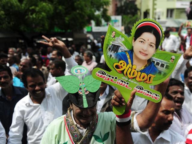 Members of theAIADMK party celebrate in front of AIADMK leader Jayalalithaa Jayaram’s residence in Chennai on May 19, 2016. (AFP)