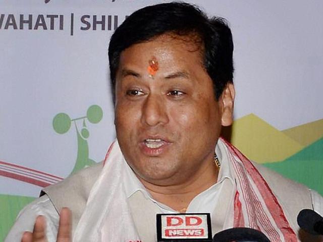 Union minister of state for sports and youth affairs Sarbananda Sonowal interacts with journalists during a press conference in Guwahati(PTI File Photo)