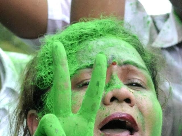 TMC supporters and workers celebrating their win outside the counting centre in Kolkata. (Photo by Ashok Nath Dey/ Hindustan Times)