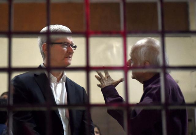 Mukesh Bhatt and Tim Cook in Mehboob studios, Mumbai on Wednesday. (PTI)