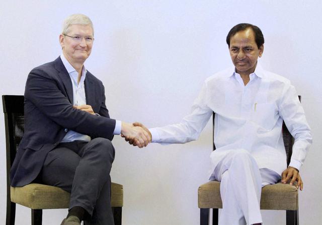 : Apple’s CEO Tim Cook (L) with Telangana CM K Chandra Sekhar Rao after inauguration of Apple's development office in Hyderabad. (PTI) : Apple’s CEO Tim Cook (L) with Telangana CM K Chandra Sekhar Rao after inauguration of Apple's development office in Hyderabad. (PTI)