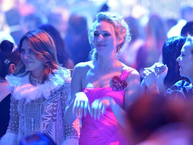 US actress Uma Thurman (C) dances during the gala. (AFP) US actress Uma Thurman (C) dances during the gala. (AFP)