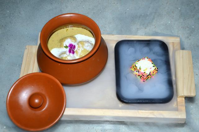 In the Garam Bangla, the rasgullas land up in a spicy cashew paste-based gravy, and sandesh is turned into jelly. The korma is delicious, but the chenna balls need a bit of a squeeze before they go in and the sandesh lacks the cheese paste texture. (Shakti Yadav/ HT Photo)