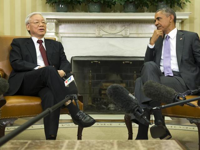 US President Barack Obama interacts with Vietnamese Communist Party secretary general Nguyen Phu Trong in the Oval Office of the White House in Washington. (AP File Photo) US President Barack Obama interacts with Vietnamese Communist Party secretary general Nguyen Phu Trong in the Oval Office of the White House in Washington. (AP File Photo)