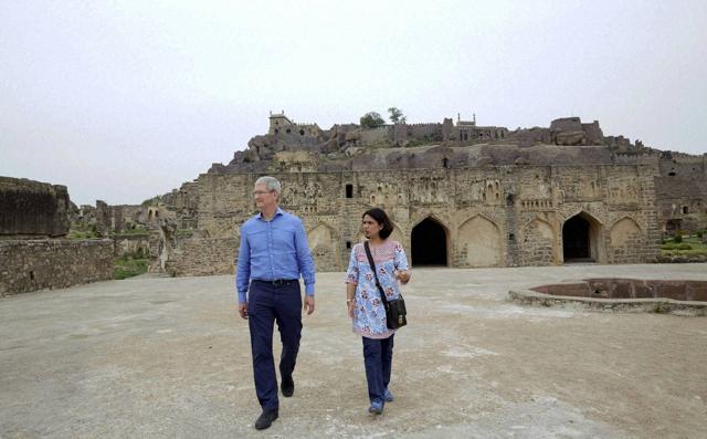 Apple’s CEO Tim Cook visits the Golconda Fort in Hyderabad in Hyderabad. (PTI) Apple’s CEO Tim Cook visits the Golconda Fort in Hyderabad in Hyderabad. (PTI)