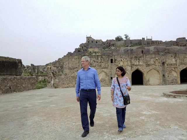Seeking new territories? Apple’s CEO Tim Cook at the Golconda Fort in Hyderabad (PTI) Seeking new territories? Apple’s CEO Tim Cook at the Golconda Fort in Hyderabad (PTI)