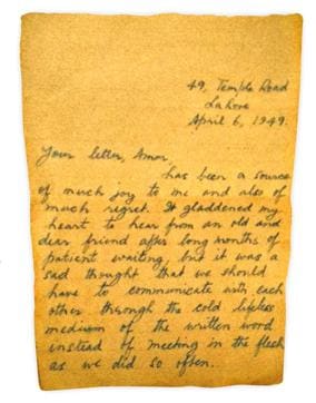 This letter was written to Amar Kapur by his friend Asif Khwaja, after the Kapurs had left Lahore after Partition. Amar lived with his parents and siblings at 7, Egerton Street in Lahore. They had stayed on after Partition while everyone around them left. They finally left their home on September 5, 1947, at 4.30pm. This letter was written to Amar Kapur by his friend Asif Khwaja, after the Kapurs had left Lahore after Partition. Amar lived with his parents and siblings at 7, Egerton Street in Lahore. They had stayed on after Partition while everyone around them left. They finally left their home on September 5, 1947, at 4.30pm.