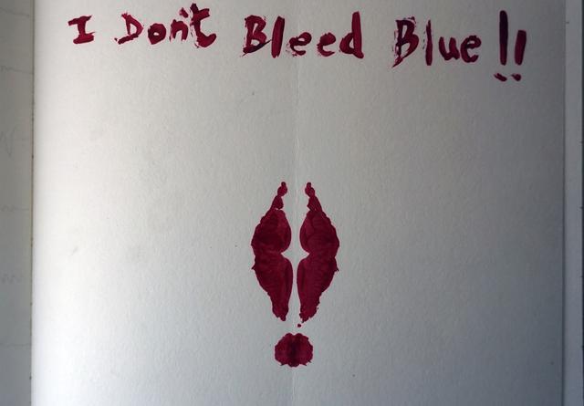 In the work I don’t bleed blue, artist Saviya Lopez ridicules advertiser’s practice of showing blue instead of red on sanitary napkins.