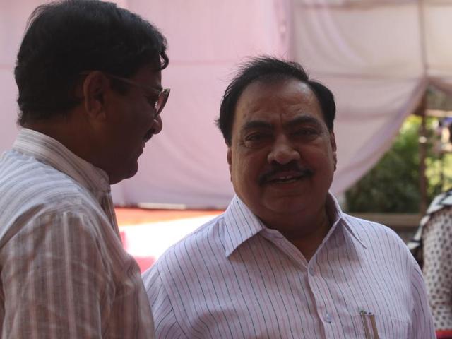 Mumbai, India - April 1, 2015 : BJP leader Eknath Khadse and NCP leader Sunil Tatkare at Budget session of Maharashtra Legislature at Vidhan Bhavan in Mumbai, India, on Wednesday, April 1, 2015. (Photo by Kunal Patil/ Hindustan Times)(Hindustan Times)