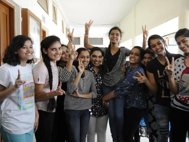 CBSE Class 12 students celebrating success after the results on Saturday.(Mujeeb Faruqui/ HT photo)