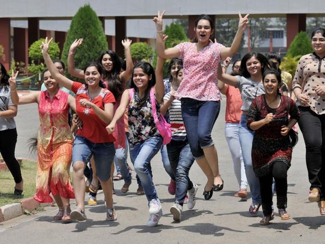 The students of Sacred Heart celebrating their success in the school campus after the declaration of CBSE Class 12 results in Chandigarh on Saturday.(Ravi Kumar/HT photo) The students of Sacred Heart celebrating their success in the school campus after the declaration of CBSE Class 12 results in Chandigarh on Saturday.(Ravi Kumar/HT photo)