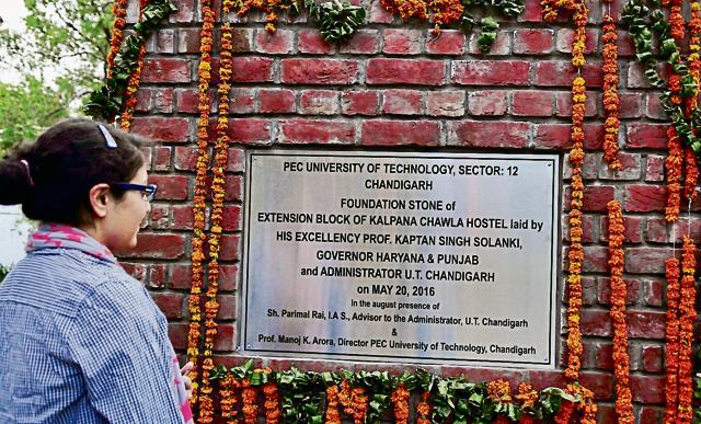 One of the three plaques without the MP’s name; PEC University of Technology officials have apologised. (Keshav Singh/HT)