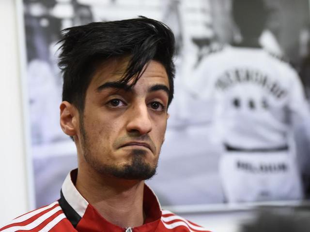 Belgium's Mourad Laachraoui (centre) poses on the podium after the men -54kg finals at the European Taekwondo Championships in Montreux, Switzerland. (AP) Belgium's Mourad Laachraoui (centre) poses on the podium after the men -54kg finals at the European Taekwondo Championships in Montreux, Switzerland. (AP)
