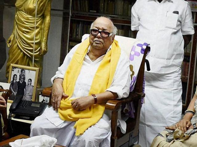 File photo of DMK chief M Karunanidhi at his residence in Chennai. Karunanidhi said Bharathi and Elangovan will be DMK’s candidates for Rajya Sabha elections, (PTI Photo) File photo of DMK chief M Karunanidhi at his residence in Chennai. Karunanidhi said Bharathi and Elangovan will be DMK’s candidates for Rajya Sabha elections, (PTI Photo)