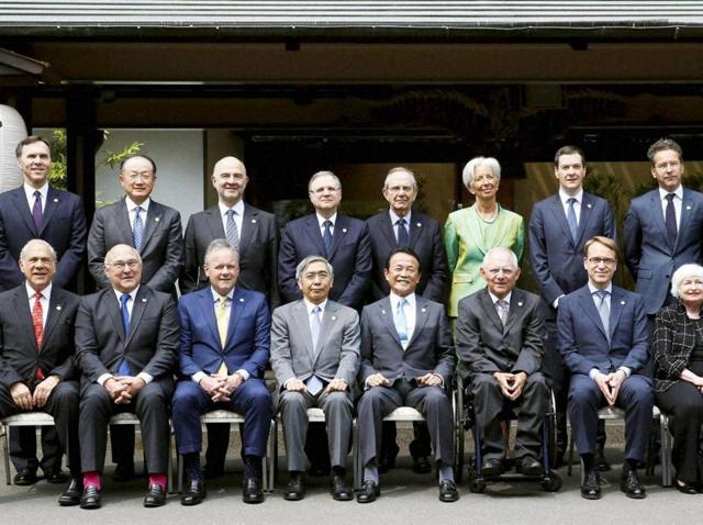 Japanese finance minister Taro Aso, fifth from left in front row, poses with other finance ministers and heads of central banks of the Group of Seven in Akiu, northern Japan. (AP Photo) Japanese finance minister Taro Aso, fifth from left in front row, poses with other finance ministers and heads of central banks of the Group of Seven in Akiu, northern Japan. (AP Photo)