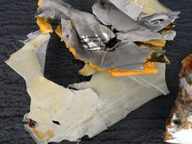 A picture uploaded on the official Facebook page of the Egyptian military spokesperson and taken from an undisclosed location reportedly shows some debris that the search teams found in the sea after the EgyptAir Airbus A320 crashed in the Mediterranean. (AFP Photo) A picture uploaded on the official Facebook page of the Egyptian military spokesperson and taken from an undisclosed location reportedly shows some debris that the search teams found in the sea after the EgyptAir Airbus A320 crashed in the Mediterranean. (AFP Photo)