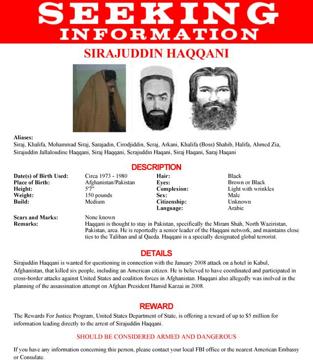 The wanted poster issued by the US Federal Bureau of Investigation for Sirajuddin Haqqani is seen in an undated handout photo. (Reuters Photo) The wanted poster issued by the US Federal Bureau of Investigation for Sirajuddin Haqqani is seen in an undated handout photo. (Reuters Photo)