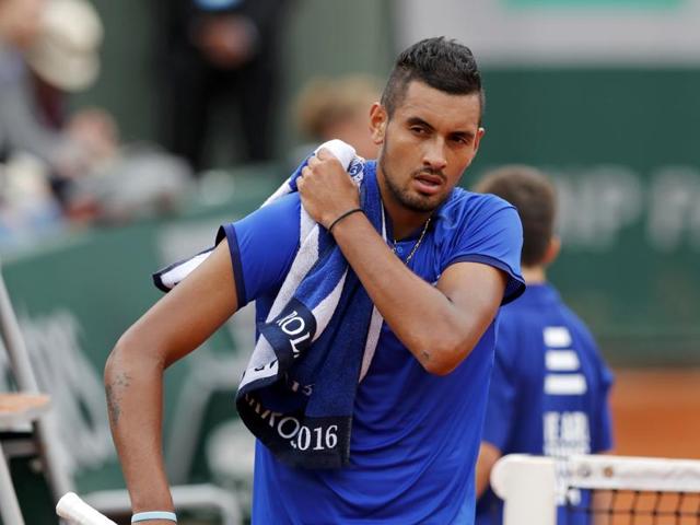 Kyrgios was hit with a code violation in the first set tiebreak of his opening French Open match for yelling at a ballboy. (REUTERS) Kyrgios was hit with a code violation in the first set tiebreak of his opening French Open match for yelling at a ballboy. (REUTERS)