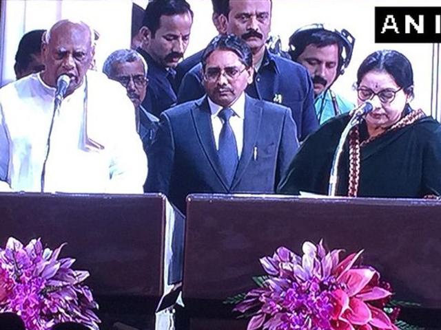 Oath taking ceremony of Tamil Nadu CM and the council of ministers underway at Madras University in Chennai.(ANI)