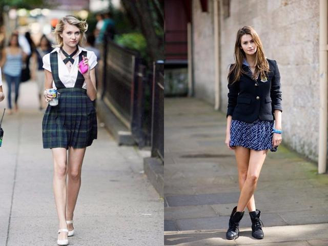 Don’t wear a plaid miniskirt with a white button down, a blazer, knee-socks, and oxfords: That’s veering into costume territory. (Pinterest) Don’t wear a plaid miniskirt with a white button down, a blazer, knee-socks, and oxfords: That’s veering into costume territory. (Pinterest)