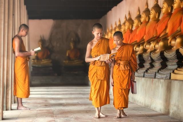 Young Buddhist monks at Ayutthaya Historical Park in Thailand. (Shutterstock) Young Buddhist monks at Ayutthaya Historical Park in Thailand. (Shutterstock)