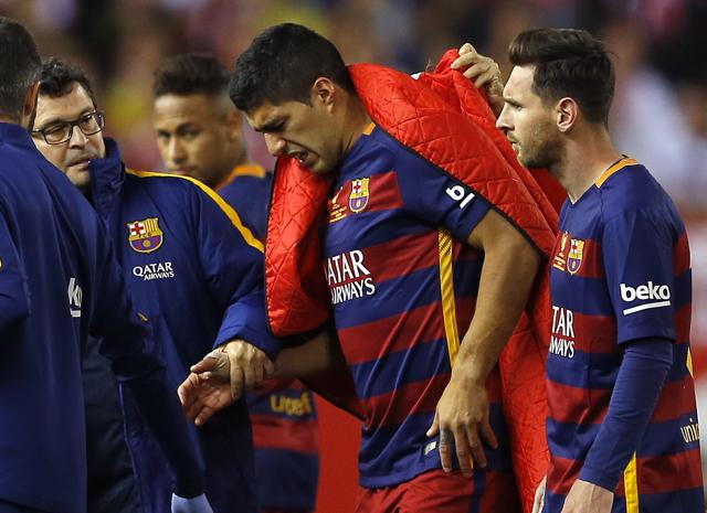 Luis Suarez reacts as he leaves the pitch during the final of the Copa del Rey. (AP) Luis Suarez reacts as he leaves the pitch during the final of the Copa del Rey. (AP)