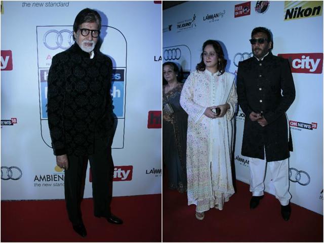 Big B chose to turn up in all black looking every bit the Shahenshah that he is. Style legend Jackie Shroff made an appearance with his sister and wearing a bandhgala. (Shivam Saxena/HT) Big B chose to turn up in all black looking every bit the Shahenshah that he is. Style legend Jackie Shroff made an appearance with his sister and wearing a bandhgala. (Shivam Saxena/HT)