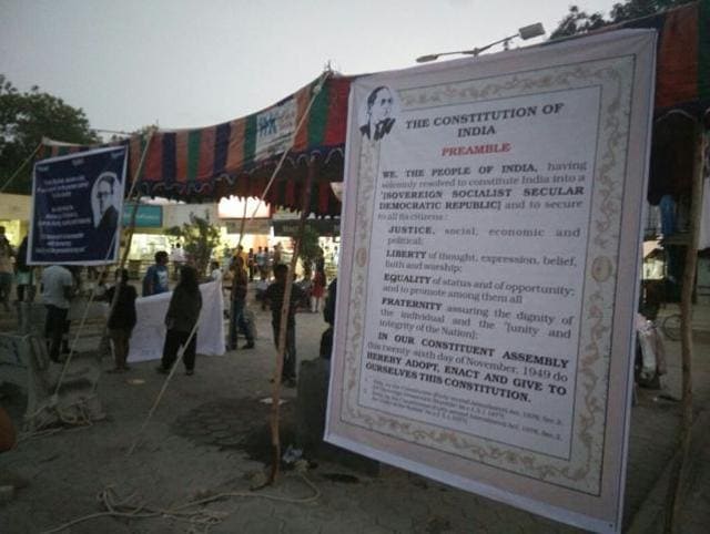 Another tent showcasing the preamble the Constitution, at Hyderabad University. (Srinivasa Rao Apparasu/HT Photo) Another tent showcasing the preamble the Constitution, at Hyderabad University. (Srinivasa Rao Apparasu/HT Photo)