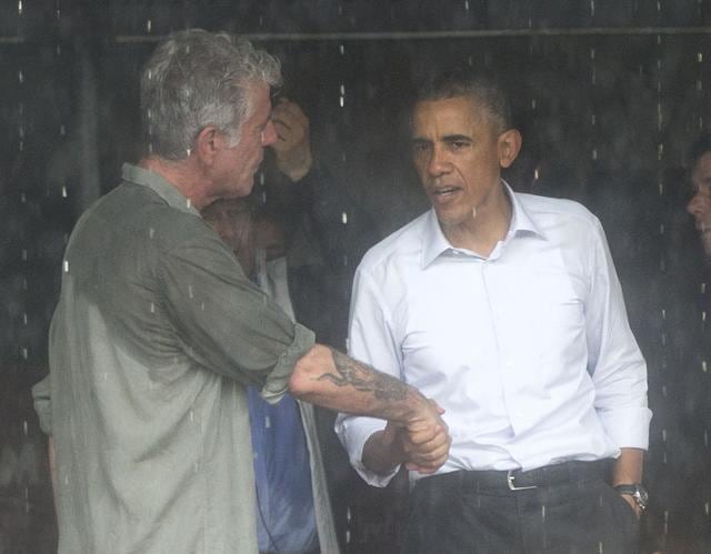 US President Barack Obama and chef Anthony Bourdain shake hands in Hanoi, Vietnam. Obama taped the second part of a TV interview with Bourdain before leaving the Vietnamese capital for his next stop. (AP) US President Barack Obama and chef Anthony Bourdain shake hands in Hanoi, Vietnam. Obama taped the second part of a TV interview with Bourdain before leaving the Vietnamese capital for his next stop. (AP)