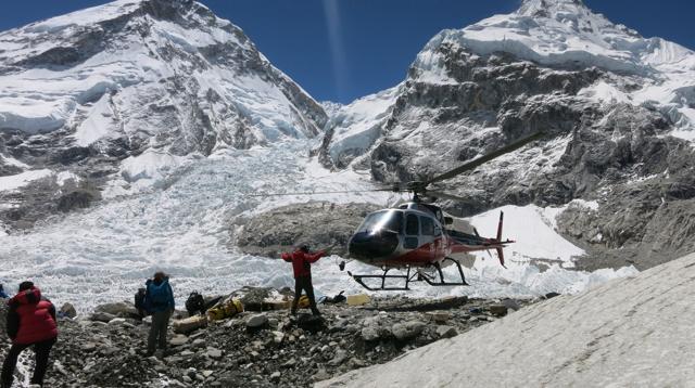 A rescue helicopter prepares to land at basecamp at Everest, in this picture taken on May 23, 2016. (REUTERS)