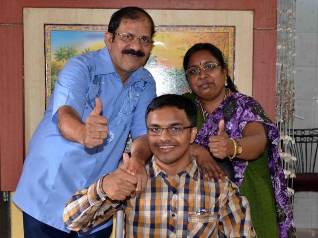 Dombivli student Vaibhav Hariharan celebrates after securing 96% in HSC at Dombivili in Kalyan, on Wednesday , 25, 2016. (Rishikesh Choudhary)
