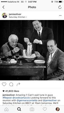 Oliver with his mentors Gennaro Contaldo (right) and Antonia Carluccio (Photo: instagram.com/jamieoliver)