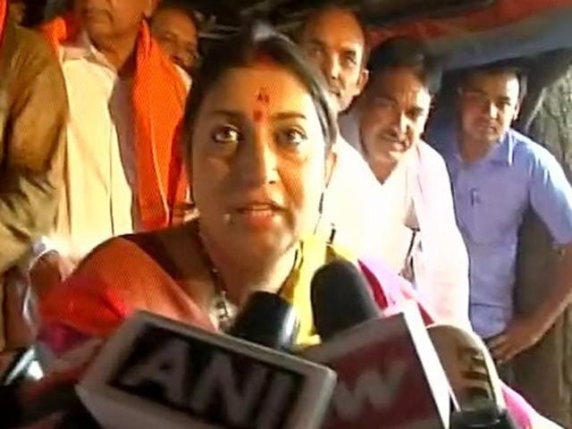 Union minister Smriti Irani interacts with journalists during her visit to Amethi.(ANI Photo)